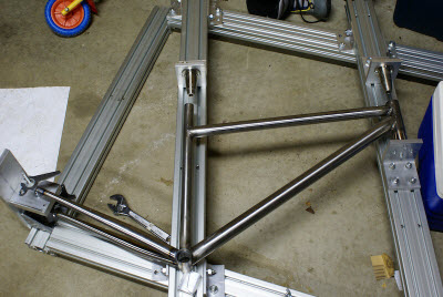 This mountain bike frame is not aluminum but the jig he built this 
