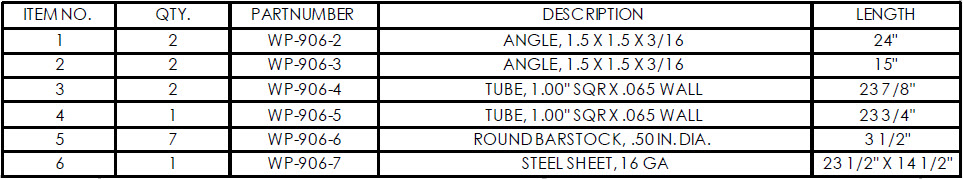 weldments parts list