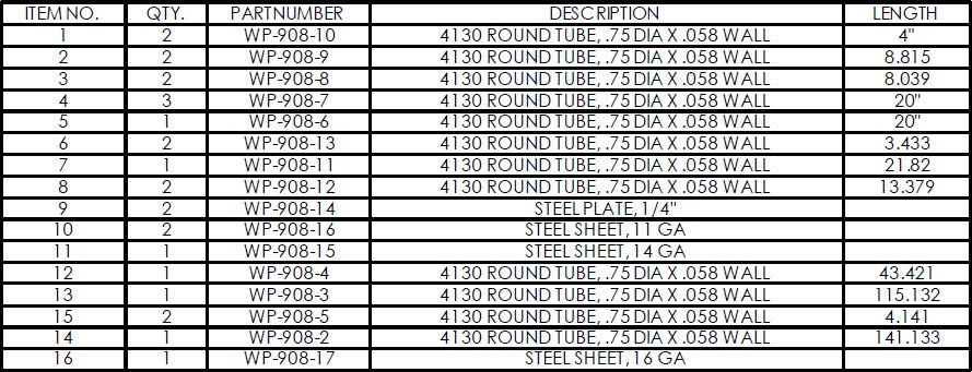 frame parts list